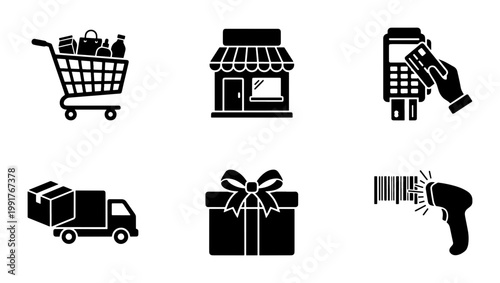Shopping and retail icon set, black solid e-commerce symbols, 6 vector elements for store delivery and online payment, commercial business graphics
