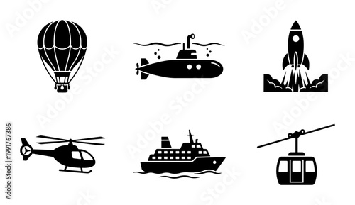 Transportation icon set with 6 black vector silhouettes, travel vehicle collection including rocket and submarine, transport symbols for logistics