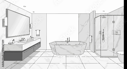 A modern bathroom with a large mirror, vanity, tub, and glass-enclosed shower