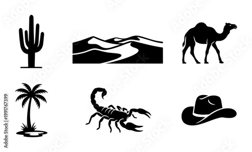 Desert landscape icon set, black silhouette desert elements with camel and scorpion, cactus and sand dunes vector collection, western wild west graphics