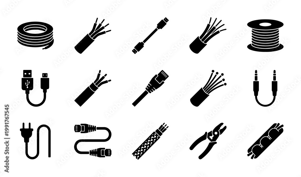 © Mostofa - Electrical cable and wire icon set, 15 black solid vector symbols for power supply and data connection, industrial wiring and networking hardware elements