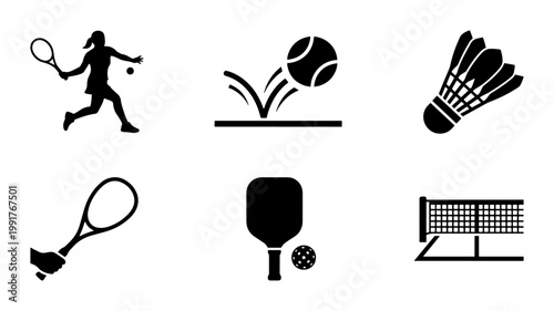 Racket sports icon set with tennis player silhouette, pickleball paddle, shuttlecock and net, 6 black vector symbols for athletic competition