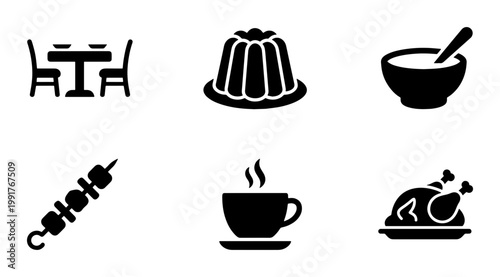 Restaurant food icons set, black solid vector symbols of dining table, roasted chicken, coffee cup and dessert, minimalist cafe menu graphics