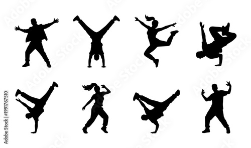 Breakdance silhouettes set of 8 vector icons, hip hop street dancers performing acrobatic moves, urban culture breakdancing poses on white background