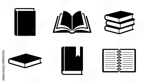 Minimalist book icon set, black and white library symbols, collection of 6 vector book illustrations for education and reading design