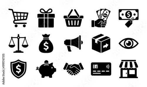 E-commerce shopping icons set, 15 black solid vector symbols for retail and finance, minimalist business marketing and online store web elements
