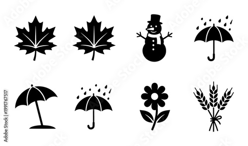 Minimalist seasonal weather icons set, black silhouette nature symbols, collection of 8 vector elements for autumn winter spring and summer