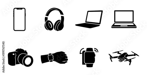 Minimalist technology icon set, black silhouette electronic gadgets, 8 vector icons including laptop, smartphone, camera, and drone for web design