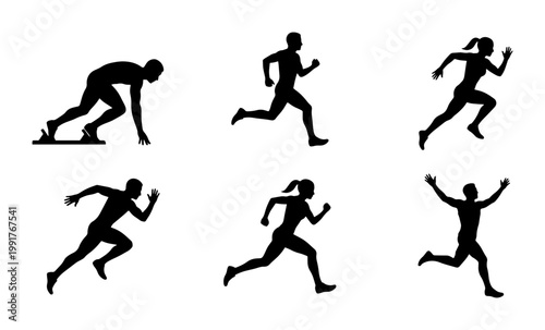 Athletic runner silhouettes set, 6 sprinting and racing male and female figures, black vector icons of track athletes in motion