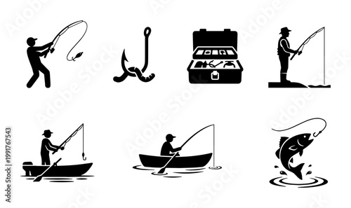 Fishing icons set with fisherman silhouettes, black vector pictograms of angling equipment and boat fishing, 7 hobby elements for outdoor recreation