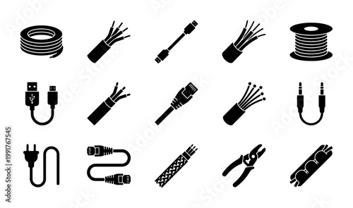 Electrical cable and wire icon set, 15 black solid vector symbols for power supply and data connection, industrial wiring and networking hardware elements