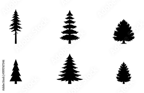 Pine tree silhouette collection, set of 6 evergreen conifer vector icons, black forest fir and spruce shapes isolated on white background
