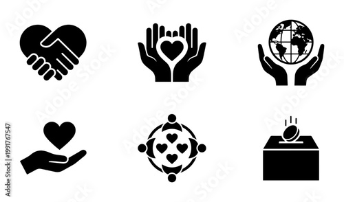 Charity and donation icon set, 6 black solid vector symbols for non-profit organizations, volunteer work and community support graphics