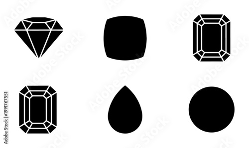 Minimalist diamond and gemstone icons set, black silhouette jewelry stone shapes, 6 vector gem cut symbols for luxury branding and logo design