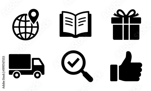 Minimalist black e-commerce icon set, 6 flat vector symbols for online shopping, delivery truck and global shipping icons, customer service and retail web elements