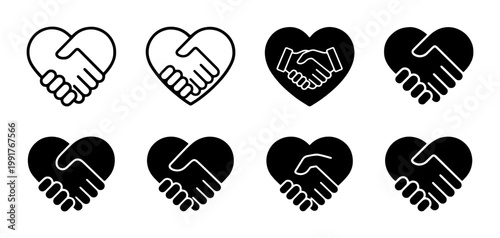 Heart handshake icon set, 8 black and white vector elements for partnership and charity, shaking hands love symbol for business cooperation