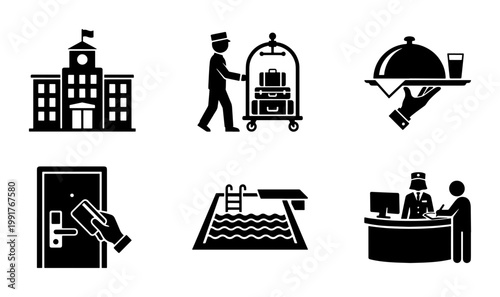 Hotel service icons set, hospitality industry symbols including bellhop and reception desk, travel and tourism vector elements for wayfinding