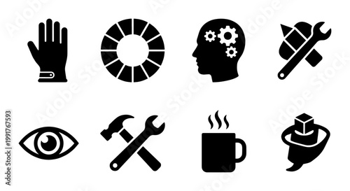 Industrial work and labor icons set, black solid vector symbols for construction and engineering, 8 professional maintenance and safety graphics