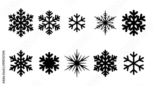 Minimalist snowflake vector icons set, black winter snow crystal silhouettes, 10 decorative frozen ice flake elements for Christmas holiday design
