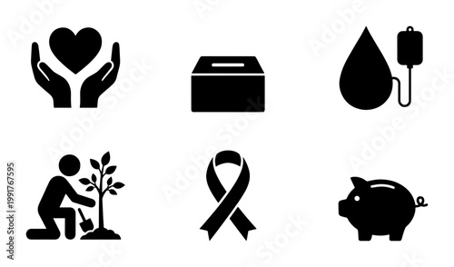 Charity and donation icon set, black silhouette volunteer symbols, non-profit organization vector elements for community support and fundraising