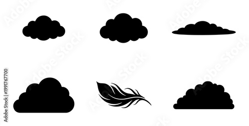 Black cloud silhouettes and feather icon set, minimalist weather symbols collection, 6 vector elements for sky and nature graphic design