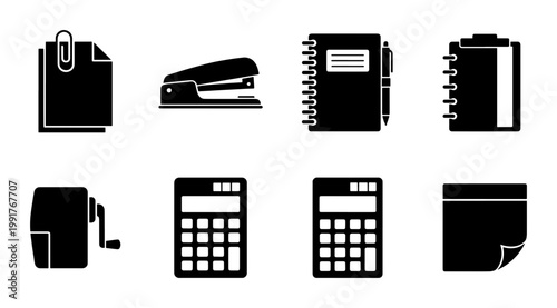 Black office stationery icon set, professional school supplies vector collection, minimalist calculator and notebook symbols for business workspace