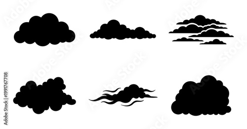 Black cloud silhouettes set, 6 vector weather icons, minimalist cumulus and storm cloud shapes, dark sky elements for graphic design