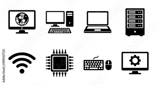 Computer hardware and network technology icons, set of 8 black vector symbols, desktop PC and laptop workstation illustrations, server and wifi graphics