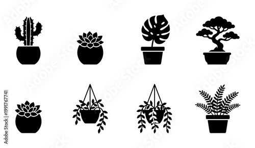 Minimalist houseplant icon set, black silhouette indoor plant collection, 8 vector botanical elements including cactus bonsai and monstera