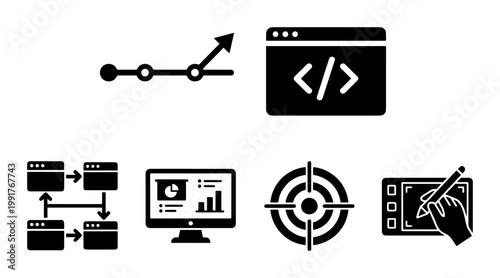 Minimalist software development icon set, black web programming and coding symbols, digital marketing and data analytics vector collection for UI design