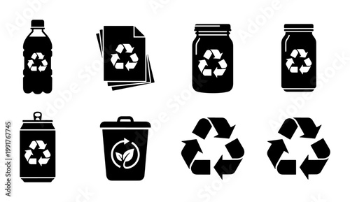 Recycling icon set with 8 black vector symbols, eco-friendly waste management icons, sustainable garbage sorting signs for plastic, paper, glass and metal