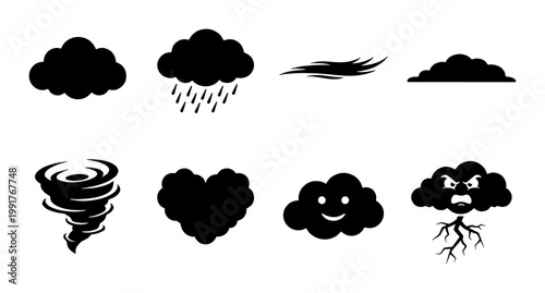 Black weather icons set, minimalist cloud silhouettes with rain and lightning, 8 vector meteorology symbols for forecast apps and web design