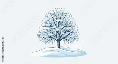 A lone tree is covered in ice and snow, standing on a frosty mound