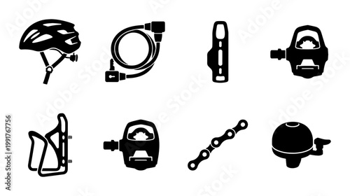 Bicycle equipment icons set, professional cycling gear and bike parts vector collection, black silhouette bicycle accessories for sports apps