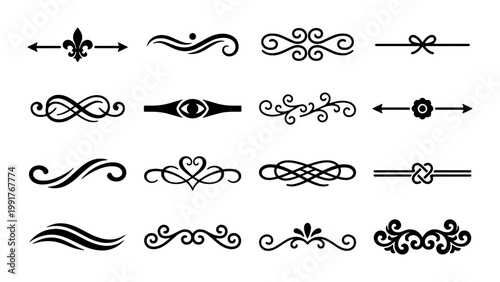 Fotografi Vintage decorative dividers and elegant swirls set, 16 black ornamental calligra
