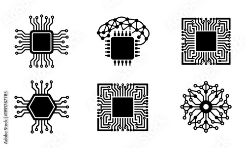 Electronic microchip icons set, black circuit board processor symbols, artificial intelligence brain and hardware vector elements for technology design