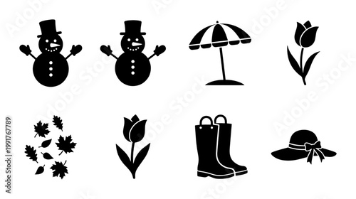 Seasonal weather icons set, black silhouette symbols for four seasons, collection of 8 vector elements for winter summer spring and autumn
