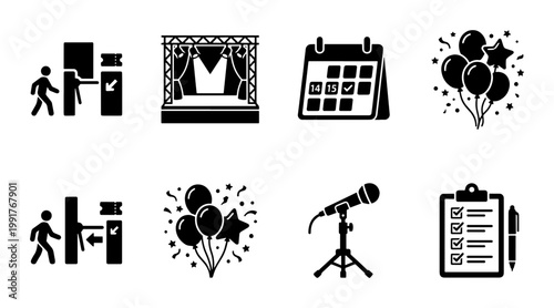 Event planning icons set, black solid glyph symbols for party management, theater stage and celebration vector elements, 8 professional icons