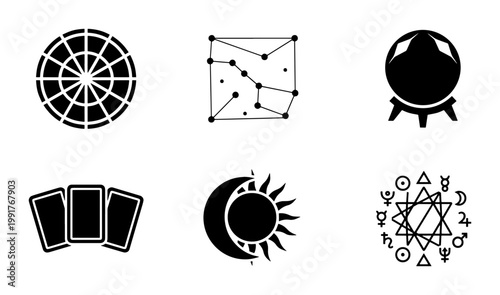 Mystical astrology icon set with 6 black vector elements, celestial zodiac symbols and tarot cards, occult magic and fortune telling graphics