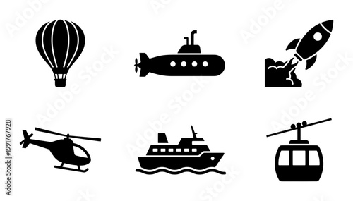 Minimalist transport icons set, black silhouette vehicle symbols including rocket and submarine, 6 vector transportation graphics for travel apps