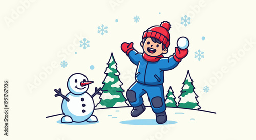 A joyful child in winter attire, mid-snowball throw, beside a snowman and snowy trees
