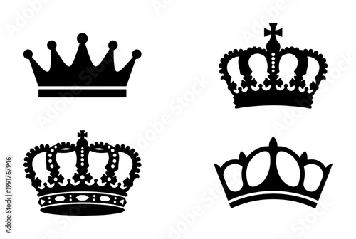 Royal crown silhouette collection, set of 4 black imperial tiara icons, vintage monarch headwear symbols, majestic queen and king coronet vectors