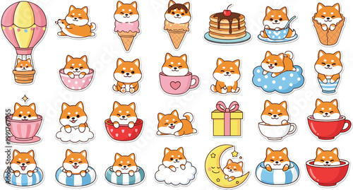 Cute dog characters collection with food, drinks and cozy scenes, adorable cartoon puppy set in kawaii vector style isolated on white background