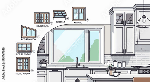 A modern kitchen scene featuring various window styles and cabinetry
