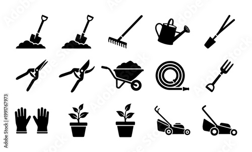 Gardening tool icon set, black silhouette garden equipment vectors, 15 agriculture and landscaping symbols for horticulture and backyard maintenance