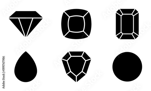 Black diamond icons set, 6 gemstone vector silhouettes, geometric jewelry stone shapes, elegant crystal and mineral symbols for luxury branding