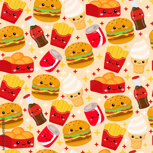 Cute hamburger and fries junk food seamless pattern