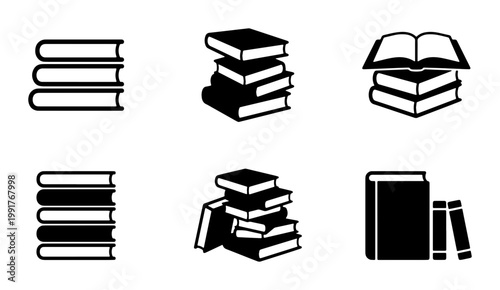 Minimalist book icons set, black and white library symbols, stack of books vector illustrations, academic literature and education graphics