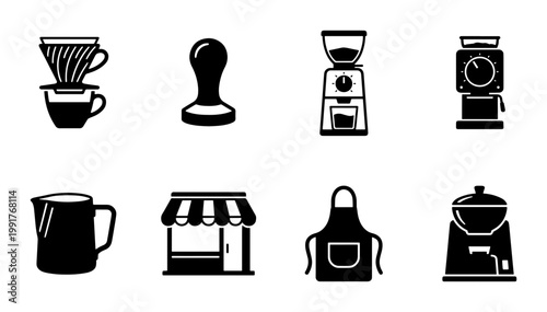 Minimalist coffee shop icons set, black barista equipment vector symbols, 8 professional cafe brewing tools and storefront graphics
