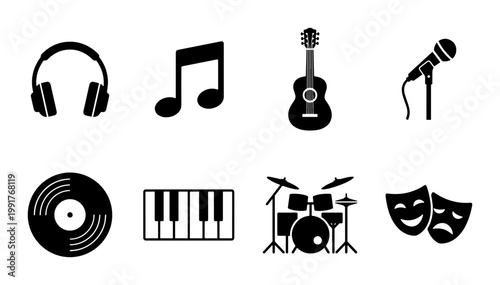 Minimalist music icon set with 8 black vector silhouettes, musical instruments and audio equipment symbols, entertainment and theater icons